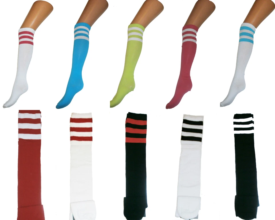 SPORTS ATHLETIC CHEERLEADER THIGH & KNEE HIGH SOCKS 3 STRIPES TUBE OVER KNEE - Image 3 of 4