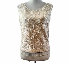 Vintage Women M Ivory Sequin Bead Embellished Back Zip Sleeveless Shell Top Flaw