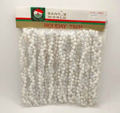 Vtg Santa's World Kurt Adler 8 Ft Garland With White Pearl & Silver Beaded NOS