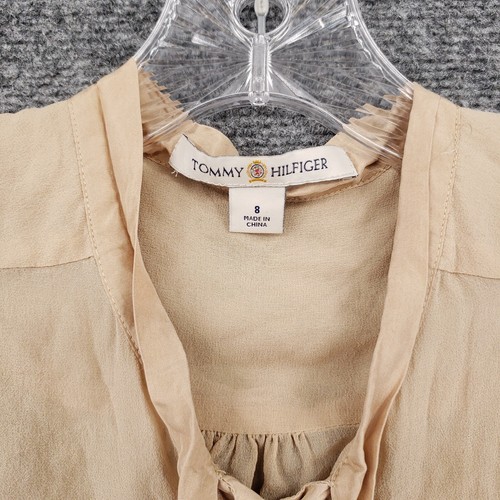 Tommy Hilfiger Top Womens 8 Beige Silk Ruffle Pintuck Blouse Sheer Short Sleeve - Picture 6 of 15