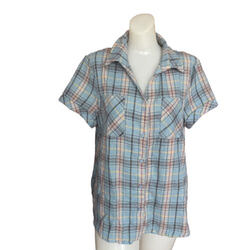 Allegra K Women's Blue Plaid Short Sleeve Blouse-Up Cotton Blouse Size L