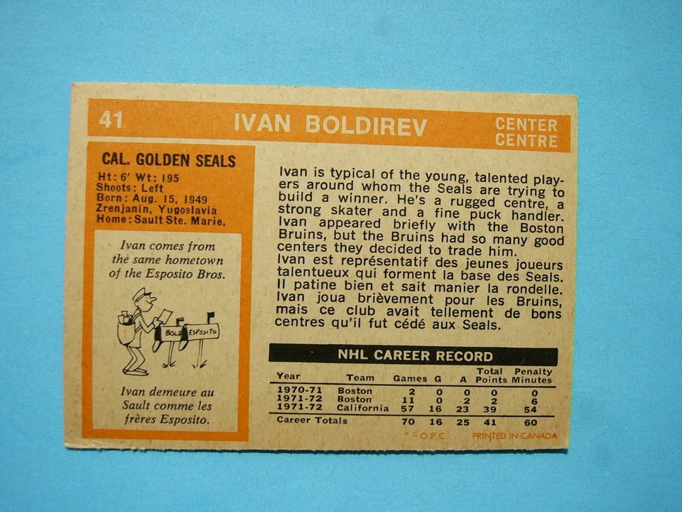 1972/73 O-PEE-CHEE NHL HOCKEY CARD #41 IVAN BOLDIREV ROOKIE EX/NM SHARP+ OPC - Image 2 of 2
