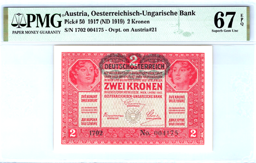 Austria 2 Kronen Banknote, 1917 Pick# 50. PMG Graded 67EPQ TOP POP!