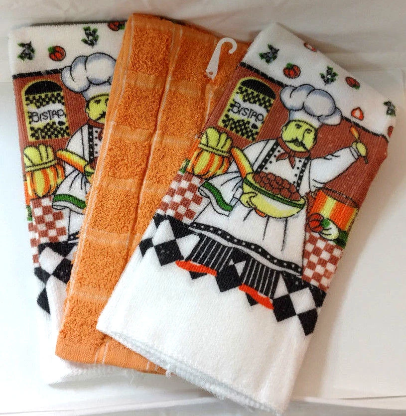 Kitchen Towels Set of 3 Chef Cooking Brown Green Orange Yellow