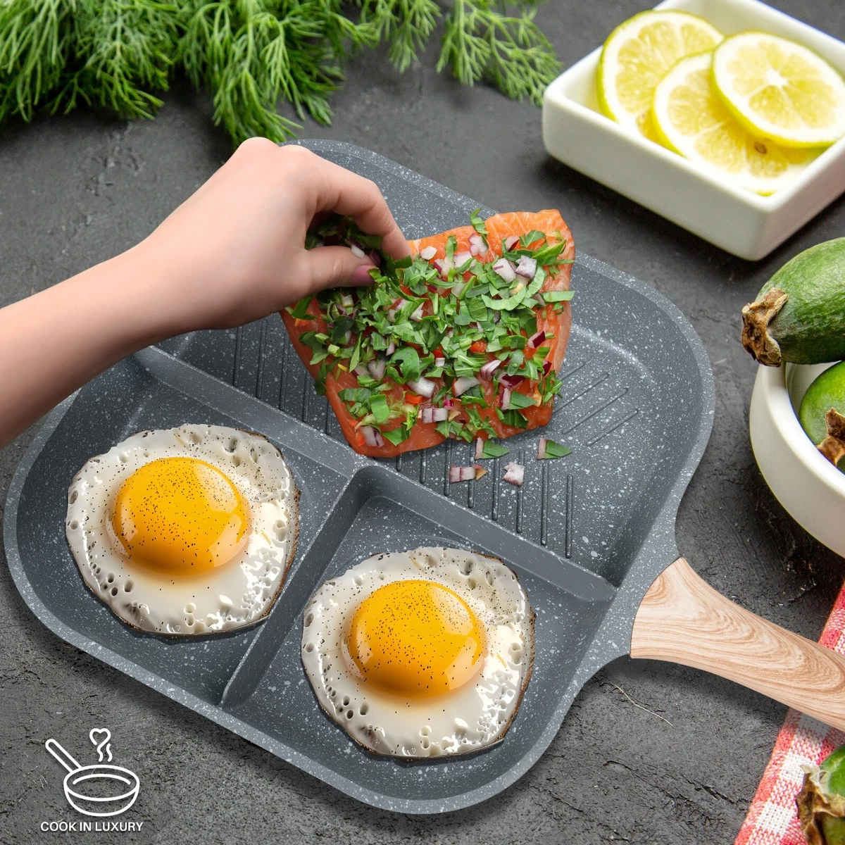 Sartén Antiadherente Freír Multi Sección 3 en 1 Parrilla Desayuno Sartén Tortilla Grande