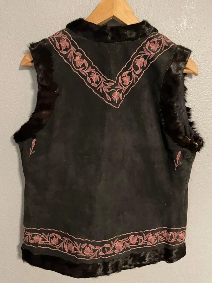 Chaleco Bordado Cuero Gamuza Piel Bordado Mujer Mediano Marrón Rosa Floral LEER Foto 2 de 4