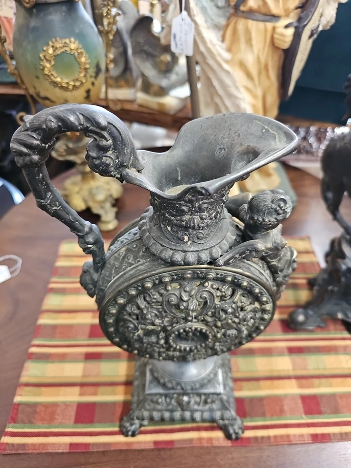 Antique Heavy Cast Metal Urn Figural Ewer Ornate Art Nouveau - Image 3 of 4