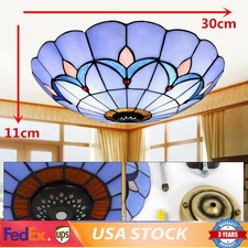 12"Tiffany Style Stained Glass Flush Mount Vintage Ceiling Light Lamp Fixture
