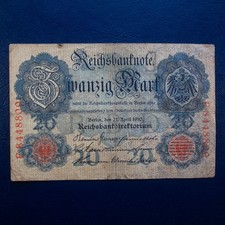 1910 Germany 20 Mark Note, VF Condition, Pre-WWI Imperial Currency N27