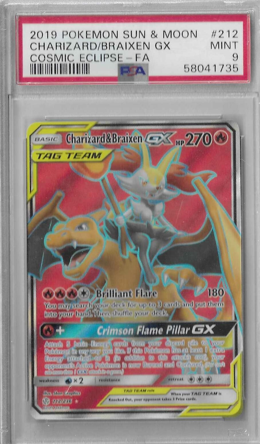 PSA 9 Charizard & Braixen 212/236 Cosmic Eclipse Tag Team GX Pokemon TCG Card