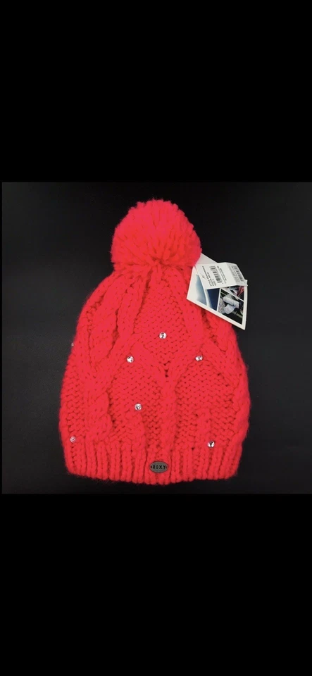 ROXY Mujer Gorro Rojo Con Bling Talla Única OS Grueso Acrílico Tejido Pom Acanalado Foto 3 de 4