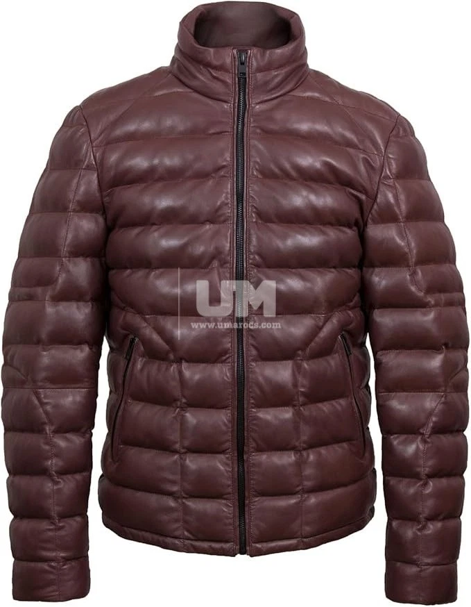 Men Brown Puffer Leather Jacket Quilted Warm Winter Outerwear