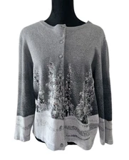 Christopher Banks Petite XL Button Up Long Sleeve Sweater Gray Embellished Trees
