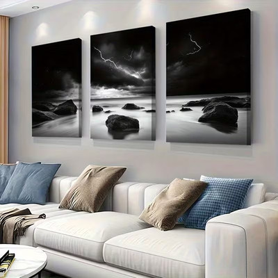 3pcs Black and White Stormy Ocean Wall Art Canvas Framed 50x70cm