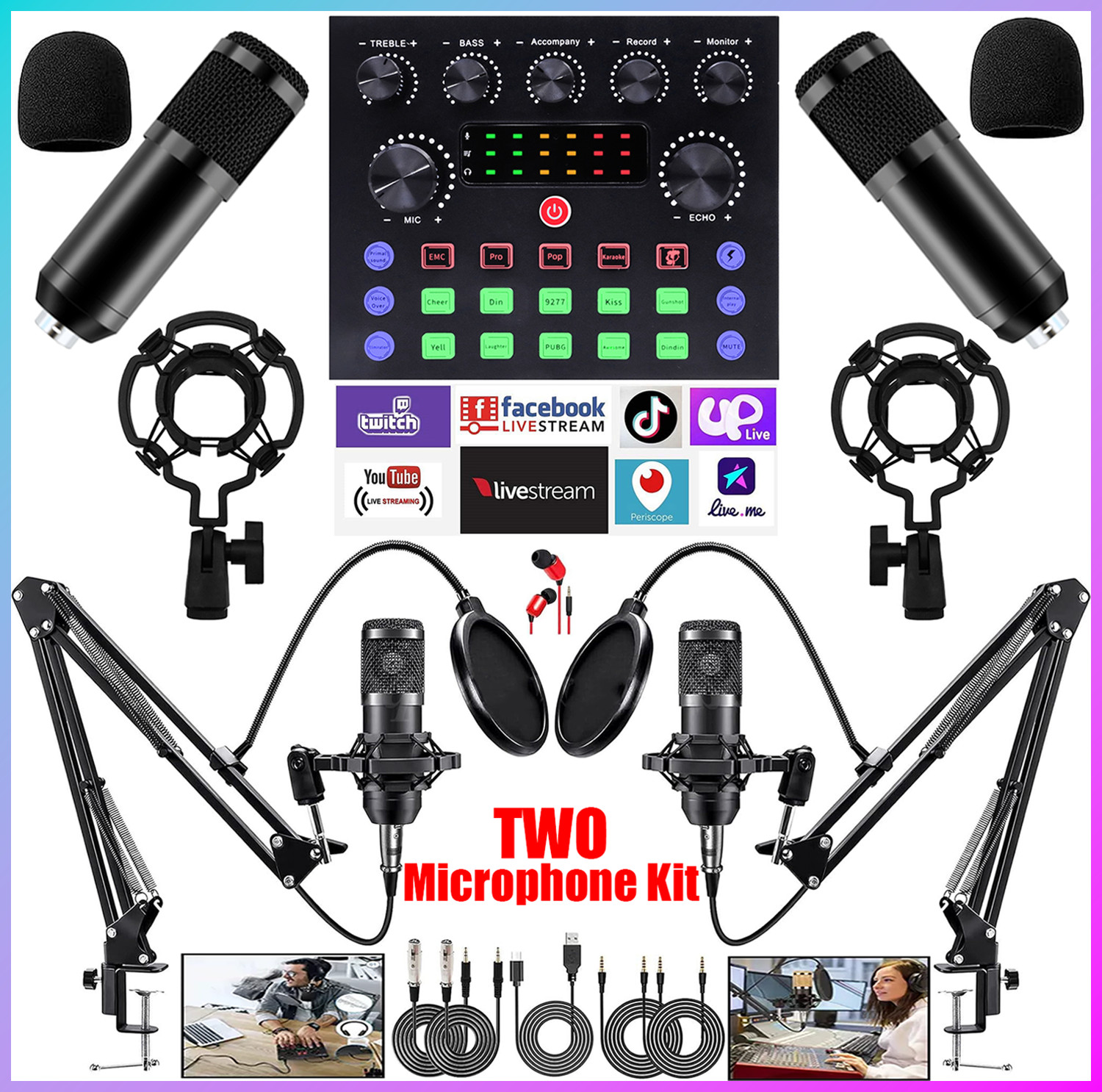 2 Studio Recording Kit Podcast Equipment Bundle Music Mixer 2 Microphones BM-800