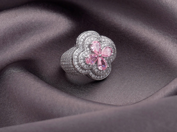 Alternate view of 2ct Iced Colorful Four Leaf Flower Ring Lab Created Diamond 14k Gold Plated