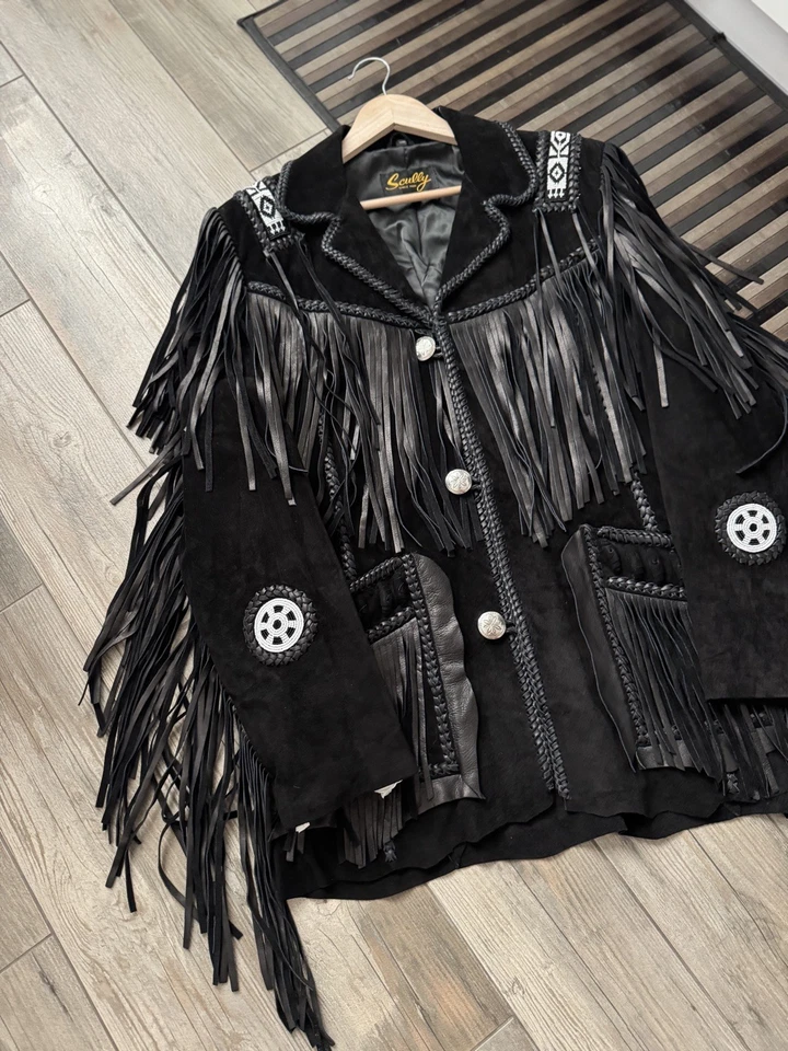 Mens 42 SCULLY Black Leather Fringe Beaded Hand Lace Western Navajo Jacket - Image 4 of 4