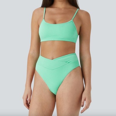 Halara NWT Sunshine Green Ribbed Crossover Bikini Set - Small Bottom, Medium Top