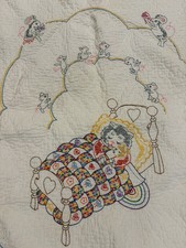 Vtg Handmade Embroidered Baby Blanket Sleeping Cat Kitty Mice Crib Blanket 51x33
