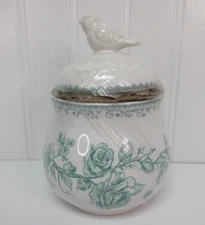 Pioneer Woman Agatha Bird Sugar Bowl W Lid Floral White Green Stoneware New