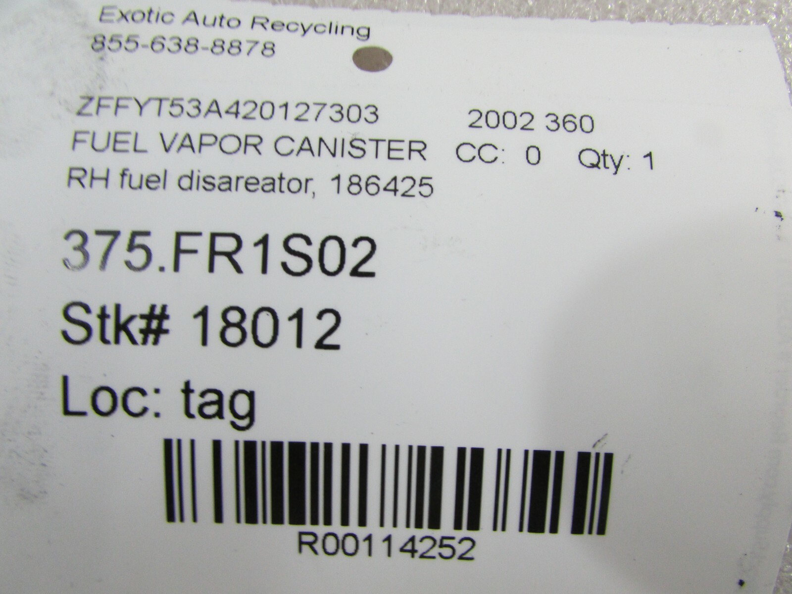 Ferrari 360, Spider, RH, Right Fuel Disareator, Used, P/N 186425