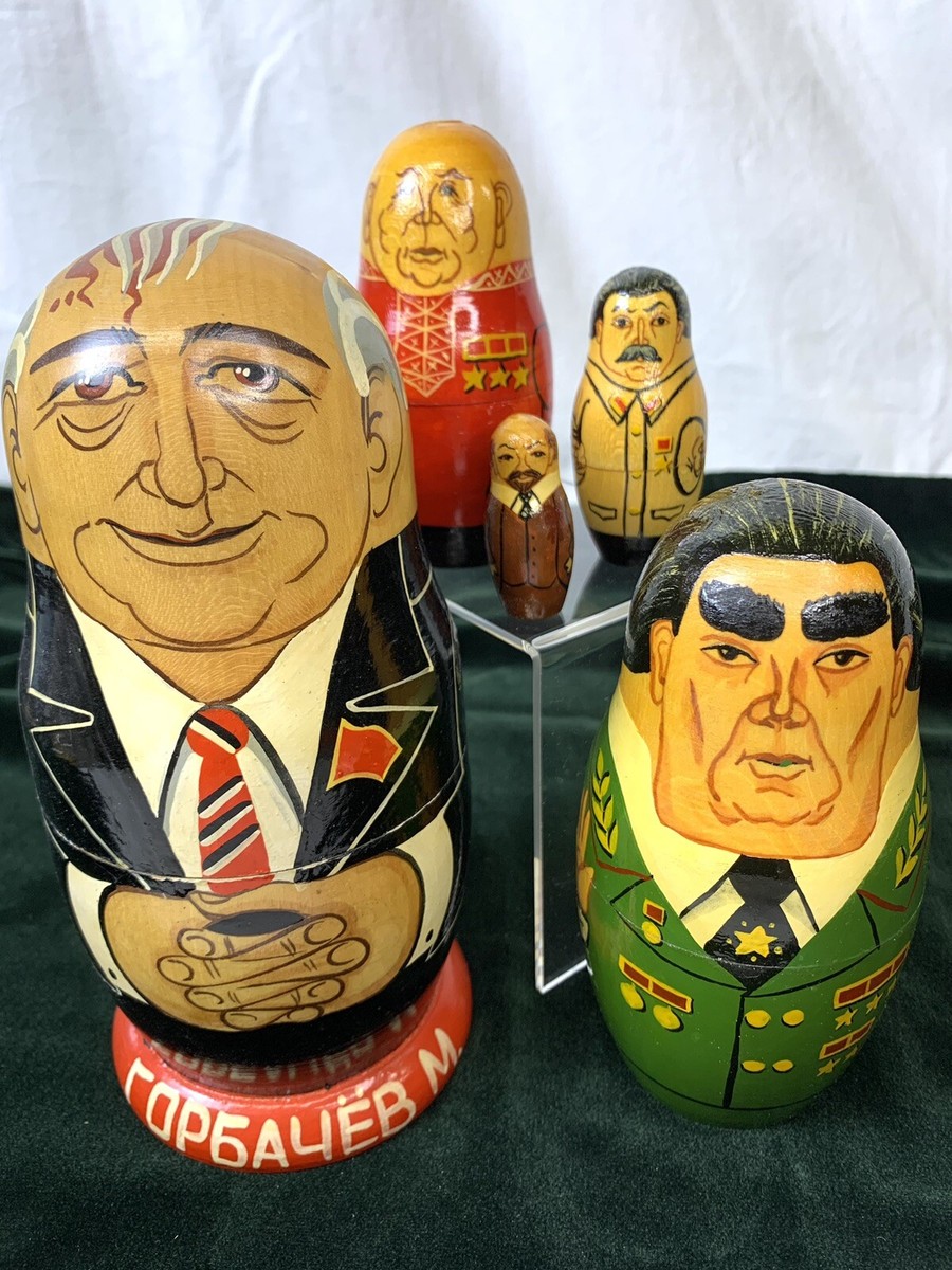 Vintage Set of 5 Russian Leaders Matryoshka Wooden Nesting Dolls