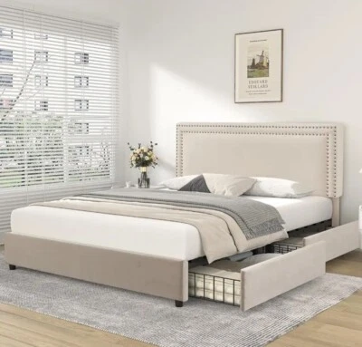 LUXURY QUEEN Size Upholstered Platform Bed Frame with 4 Storage Drawers HDBA djustable