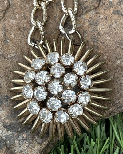 ✅Collana Vintage 30" Tono Oro Sunburst Ciondolo Catena 19 Strass Trasparenti - Foto 2 di 8