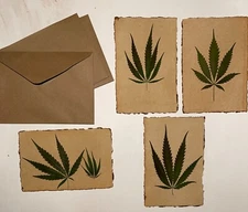 Handmade paper notes w/ envelope, decorated with Pressed Cannabis leaves