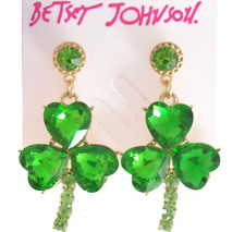 BETSEY JOHNSON ST PATRICK'S DAY RHINESTONE IRISH SHAMROCK DROP DANGLE EARRINGS