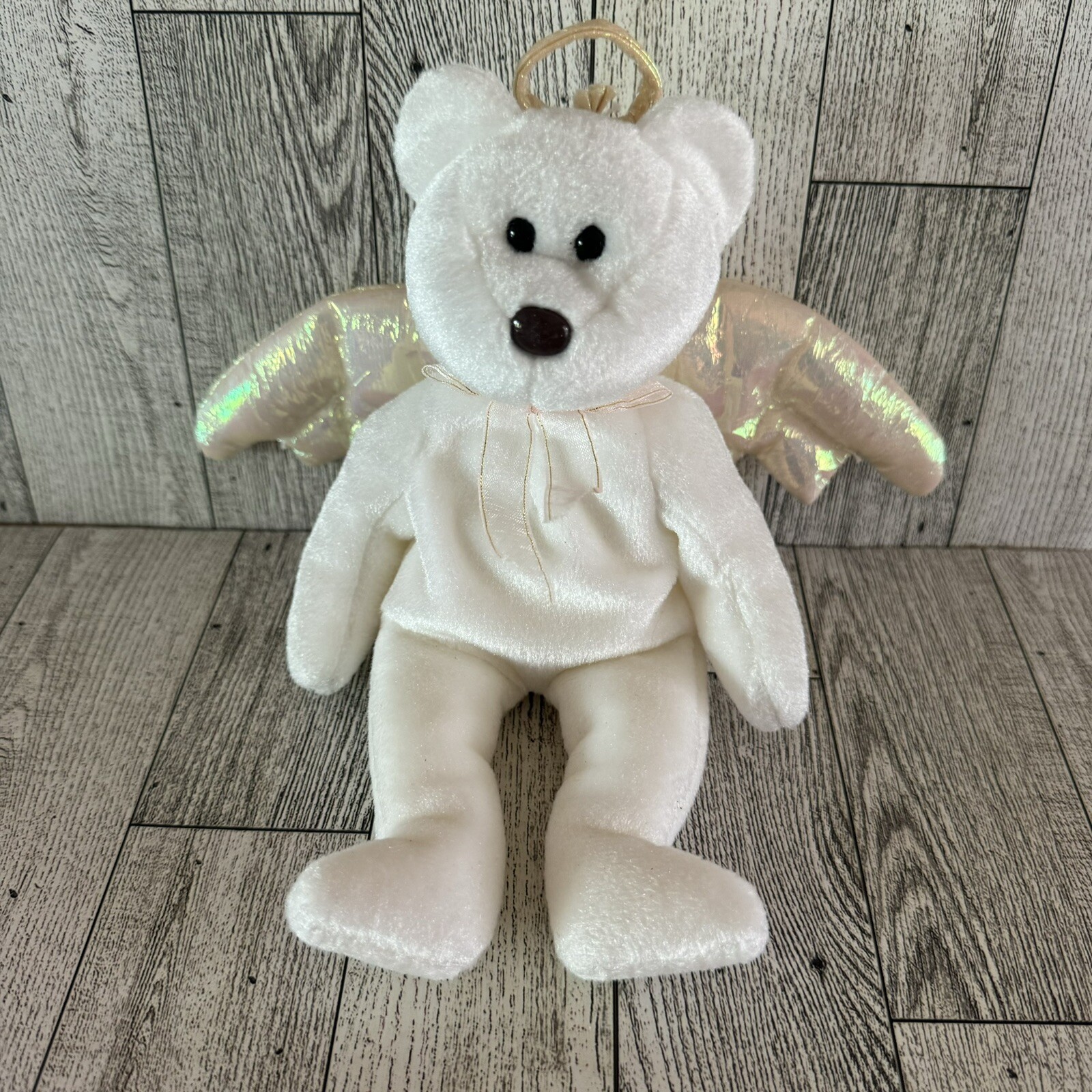 Ty Beanie Baby Halo Rare Plush Stuffed Bear Animal Angel Wings White Gold 8.5"