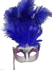 Purple Silver Stick Venetian Masquerade Mardi Gras Feather Mask