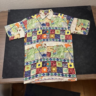Vintage Disco Silk Shirt All Over Art rockabilly Golf Abstract Bold Colorful 70s