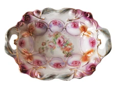 Ornate vintage white red & orange floral handled German serving dish