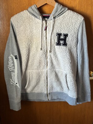 Tommy Hilfiger White/Gray Faux Sherpa Fleece Full-Zip Jacket Hoodie size L 
