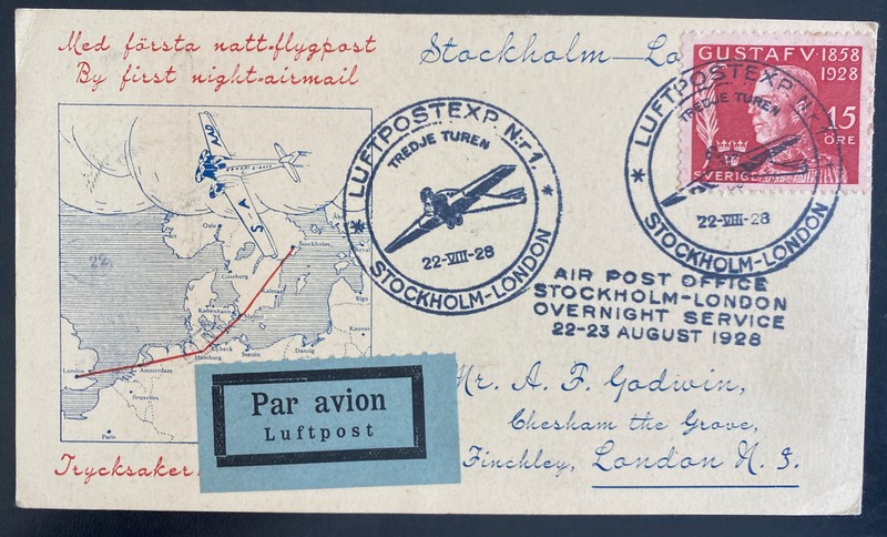 1928 Stockholm Sweden First Night Flight Airmail Postcard Cover FFC To London