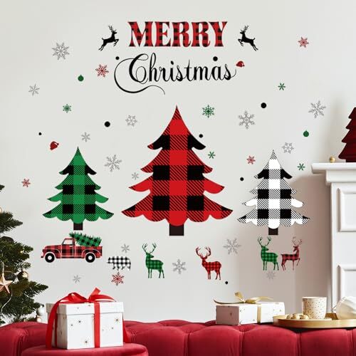 Christmas Wall Sticker Christmas Trees Window Clings Rustic Red Green Plaid