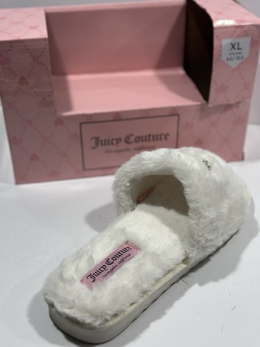 Juicy Couture White Sleek Fuzzy Slippers Gold Crown Women’s Size 9.5-10.5 - Picture 9 of 11