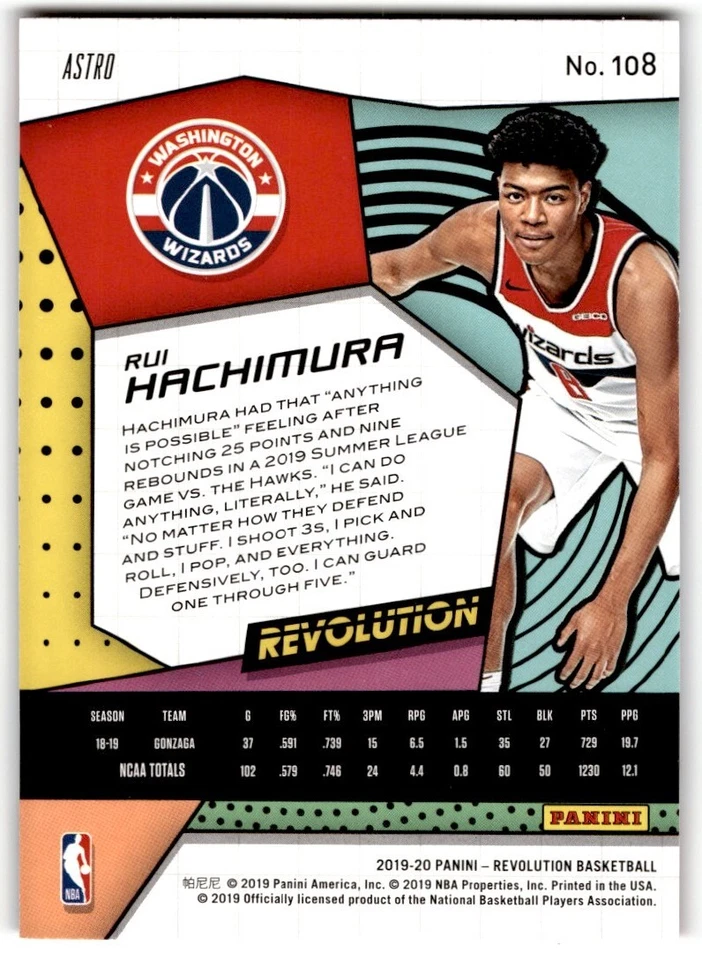 2019-20 Panini Revolution Astro Purple Rui Hachimura Rookie #108 Washington - Image 2 of 2