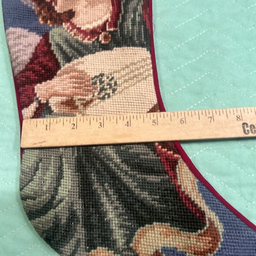 Vintage Needlepoint Christmas Stocking Angel Playing Mandolin 19 Inches - Picture 7 of 12