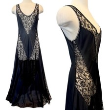 Frederick s of Hollywood 70s Silky Nylon Black Sheer Lace Maxi Gown Slip Dress L