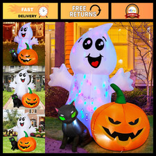 5FT Halloween Inflatable Ghost with Black Cat Pumpkin, LED Yard Decoration