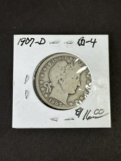 1907 D Barber Half Dollar Coin 50 Cent Silver Coin