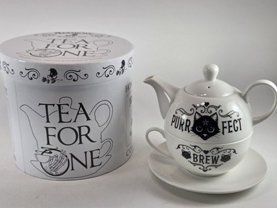 ALCHEMY ENGLAND 1977 TEA FOR ONE PURRFECT BREW BLACK CAT TEA SET IN BOX POT CUP
