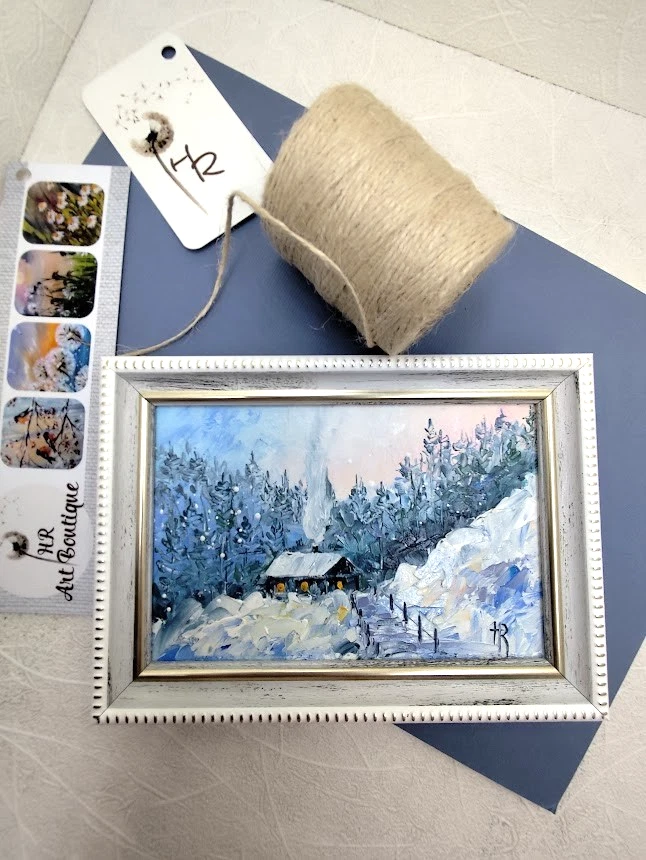 Pintura al óleo original paisaje de invierno pintura enmarcada pequeña 4x6 pulgadas mejor regalo Foto 3 de 4