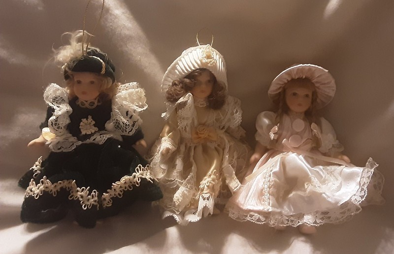 3 Miniature Porcelain Doll Winter Holiday Christmas Ornaments: Brunette & Blonde