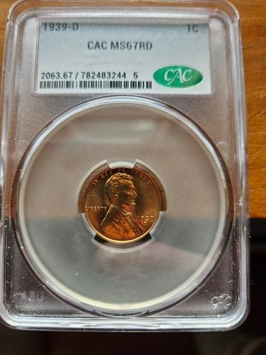 1939 D LINCOLN CENT WHEAT PENNY CAC MS67 RD