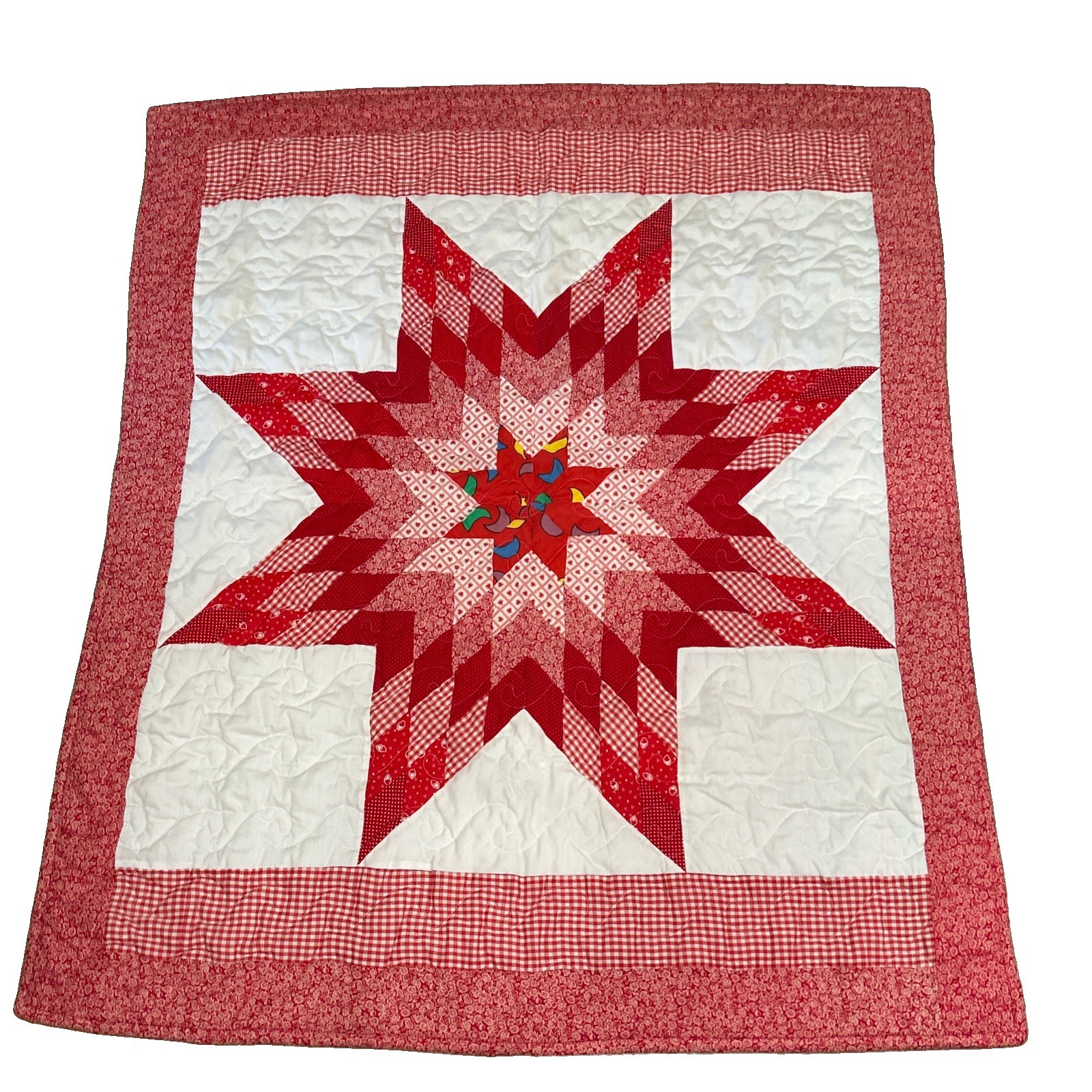 White Star Layout Handmade Red & White Gingham Lone Star Patchwork Quilt-Lap Baby Wall 36 ...