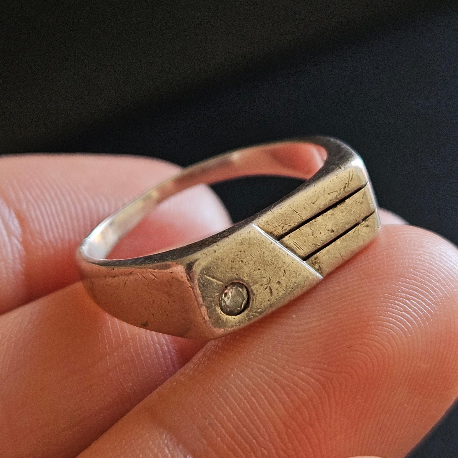 Solid Silver & Crystal Geometric Pattern Knight R… - image 3