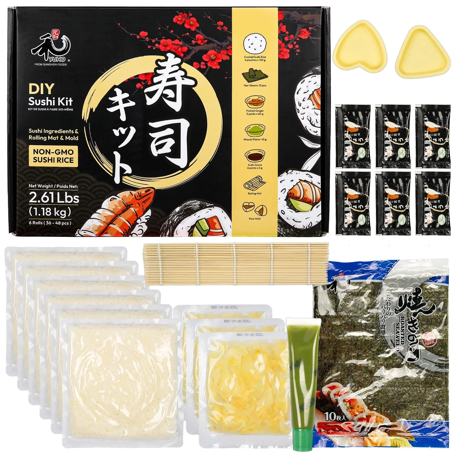 Sushi Ingredients Kit with Rolling Mat, 6 Pouches Rice, 10 Nori Sheets - DIY
Opens in a new window o